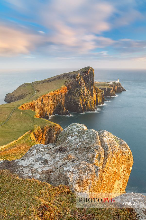 During the spring time the last light from above the cliffs of Neist point is very spectacular as it can it the lighthouse cliffs with a pleasant side light.