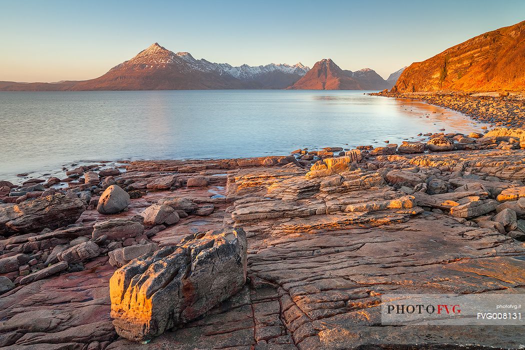 Sunset at Elgol Beach during th low tide, United Kingdom, UK, Scotland, Inner Hebrides, Isle of Skye 