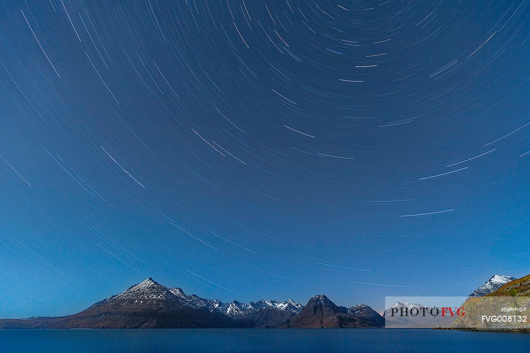 Star Trail above the Cuillin Hills, from Elgol Beach, Isle of Skye, Scotland