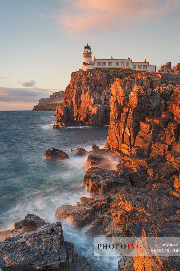 Sunset at Neist Point from the northern point fo the peninsula, United Kingdom, UK, Scotland, Inner Hebrides, Isle of Skye 