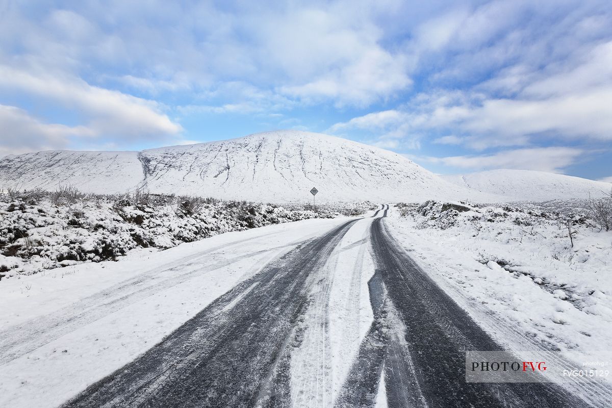 The first snow on the road at Glen Etive