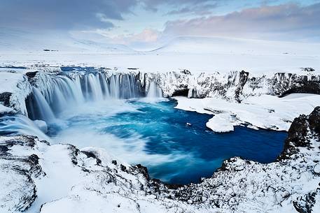 Godafoss waterfalls are a real jewel. During the winter the water colour gets more intense.