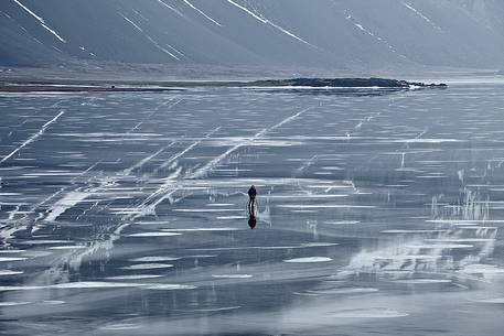 A risk lover photographer takes picture from the middle a frozen lagoon A risk lover photographer takes picture from the middle a frozen lagoon