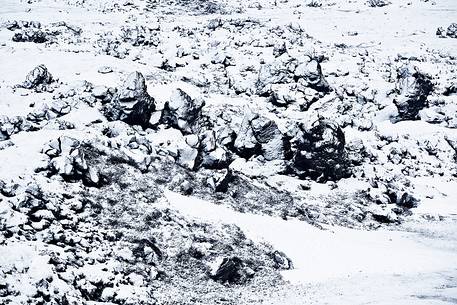 Fresh snow on the lava field during a cold morning