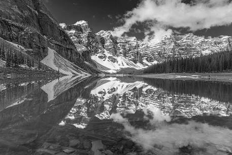 The quite vision of Moraine lake one of the most beautiful landscape of the Rockies