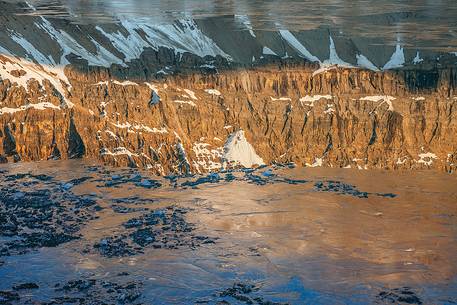 Reflections and icy texture at Bow lake