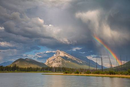 Storm and rainbow above Mount Rundle at Vermillion lake