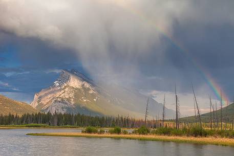 Storm and rainbow above Mount Rundle at Vermillion lake