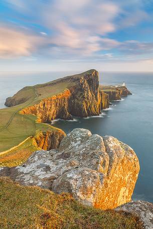 During the spring time the last light from above the cliffs of Neist point is very spectacular as it can it the lighthouse cliffs with a pleasant side light.