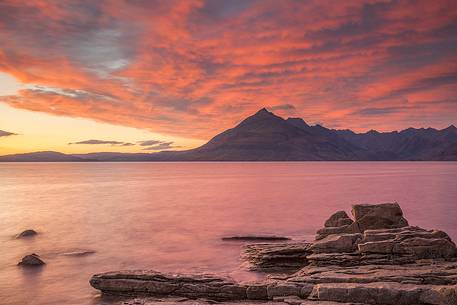 A super afterglow with an impressive display of colors above the Cuillin Hills, from Elgol Beach
