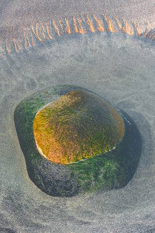 A green stone shows up during the low tide at Talisker Bay