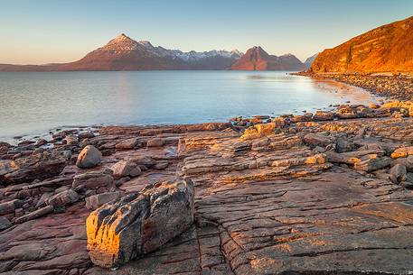 Sunset at Elgol Beach during th low tide, United Kingdom, UK, Scotland, Inner Hebrides, Isle of Skye 