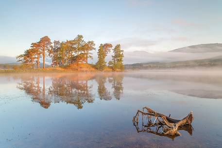 First light in the morning hits the isle on the lake for a beautiful view