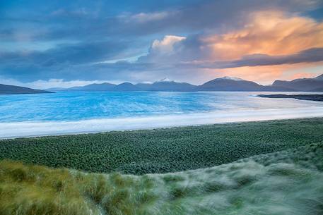 The strong wind moves the grass on the Luskentyre dunes, while the sun is rising, ready to embraced a stunning landscape
