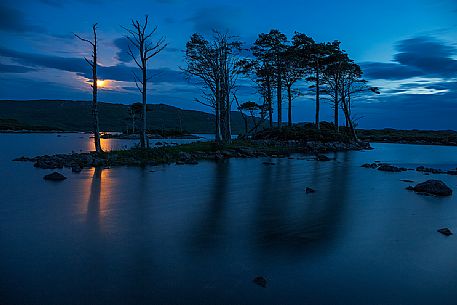 This fascinating isle of scots pines was reflected  in the lake at night with moon among the clouds