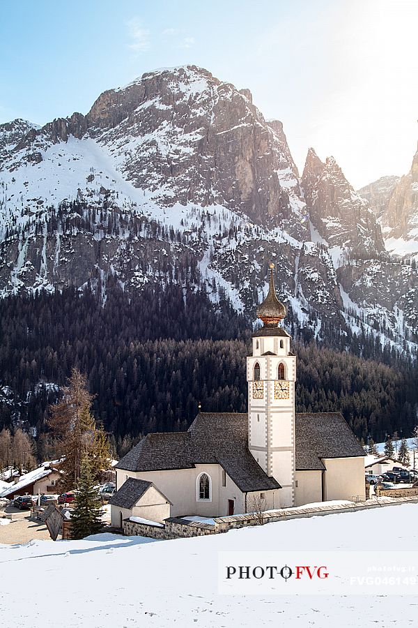 Colfosco's church with Sella mountain group on the background, Dolomites, Corvara in Badia, Alta Badia valley, Alto Adige, Italy, Europe