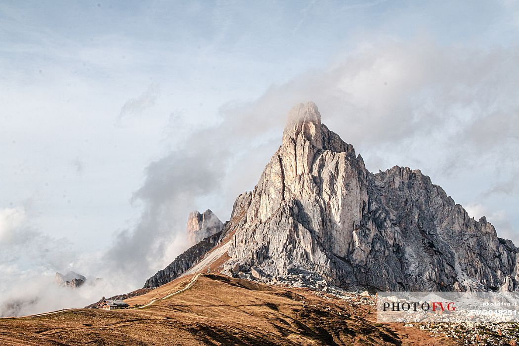 Gusela del Nuvolau and Nuvolau wrapped by clouds, Giau Pass, Dolomites, Belluno, Veneto, Italy, Europe