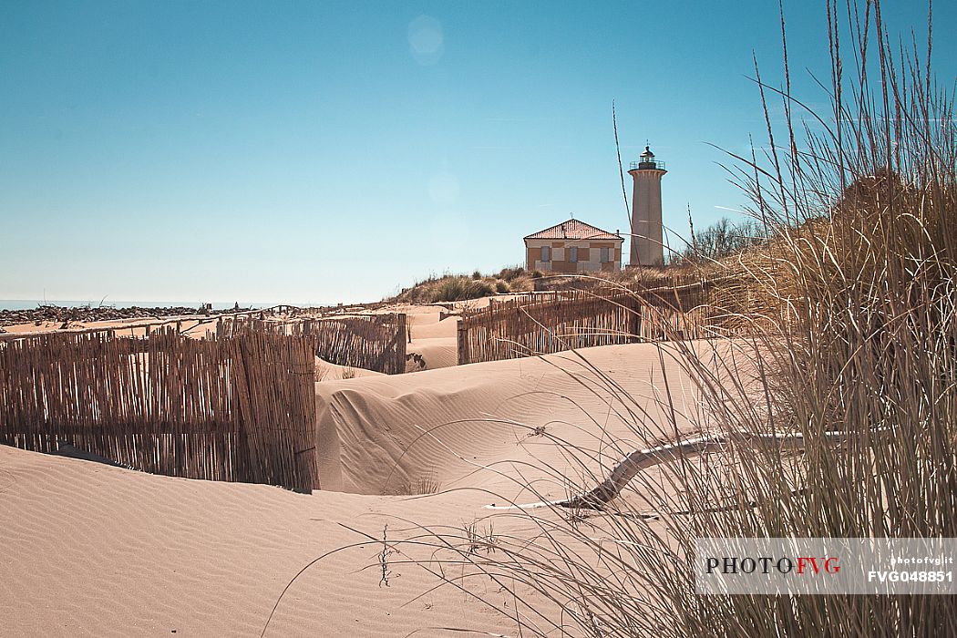 Sandy dunes and Bibione lighthouse, Adriatic coast, Bibione, Veneto, Italy, Europe