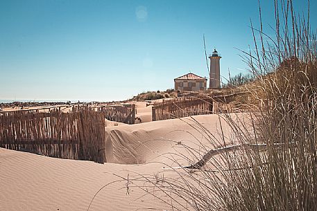 Sandy dunes and Bibione lighthouse, Adriatic coast, Bibione, Veneto, Italy, Europe