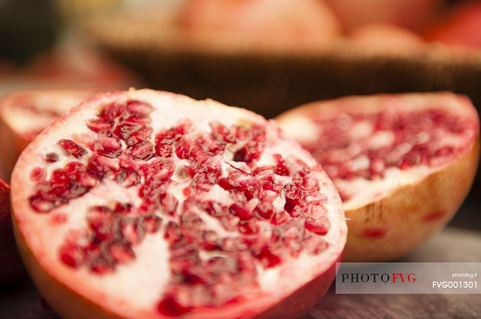 Close up of pomegranates on market stand, Jerusalem, Israel
