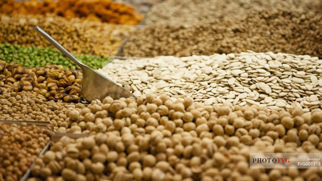 Various nuts and dried fruits in a market of Nazareth, Israel