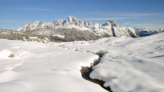 The alm of Casera Razzo wrapped in an intense snowfall