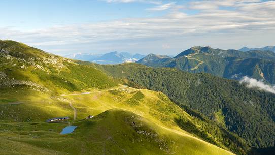 The alpine pastures of Malga Crostis and in the background the Zoncolan mount, Friuli Venezia Giulia, Italy