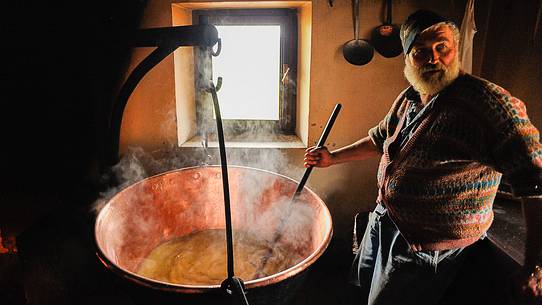 In the dairy of malga Ielma the dairyman making cheese and butter sa once again, warming the milk with the fire of wood