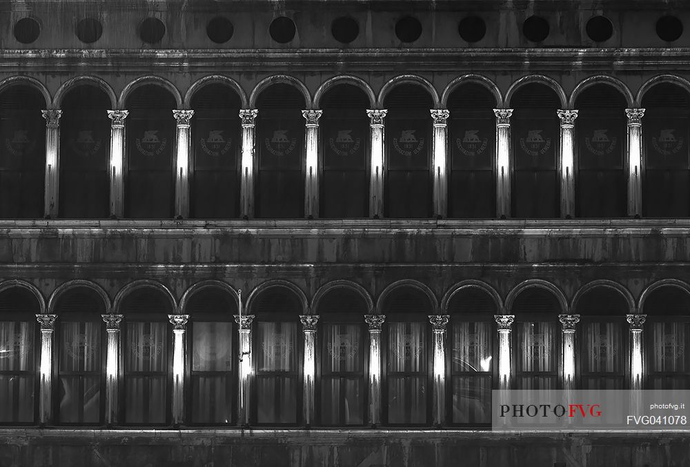 Detail of the arcades of the facade on Piazza San Marco, Saint Mark square in Venice, Veneto, Italy, Europe