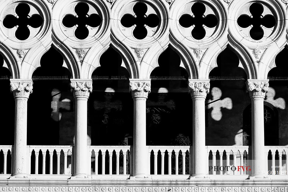 Detail of Doge's Palace or Palazzo Ducale facade close-up. Renaissance architecture of Venice landmark, one of the main tourist attractions in Venice, Italy, Europe