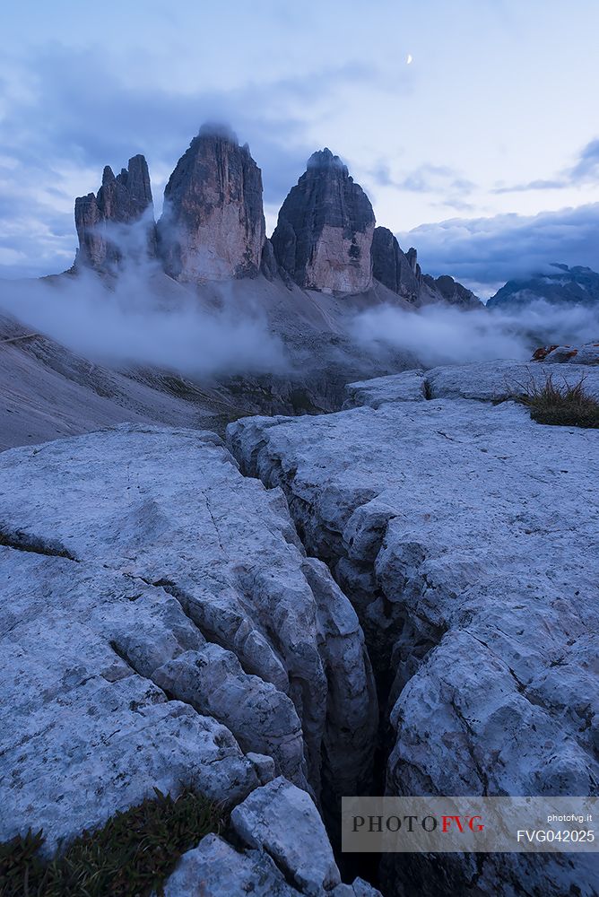 Twilight on the Tre Cime di Lavaredo peaks in a summer evening, dolomites, Trentino Alto Adige, Italy, Europe