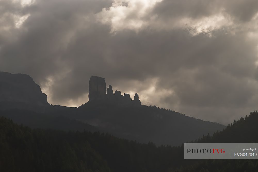 Stormy sky over Cinque Torri peak in silhouettes, dolomites, Cortina d'Ampezzo, Veneto, Italy, Europe