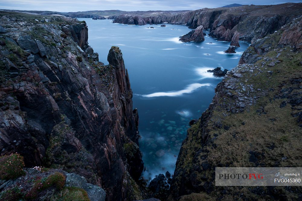 Sea stacks near Mangersta on the Outer Hebrides at twilight, Isle of Harris, Scotland, United kingdom