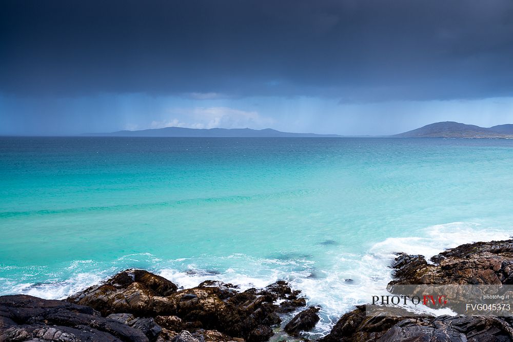 Rainy day on the coast near Traigh Seilebost. Outer Hebrides on the Isle of Harris, Scotland.