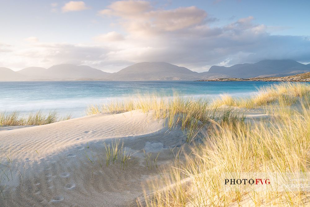 Sunset on Luskentyre beach in the Outer Hebrides on the Isle of Harris, Scotland.