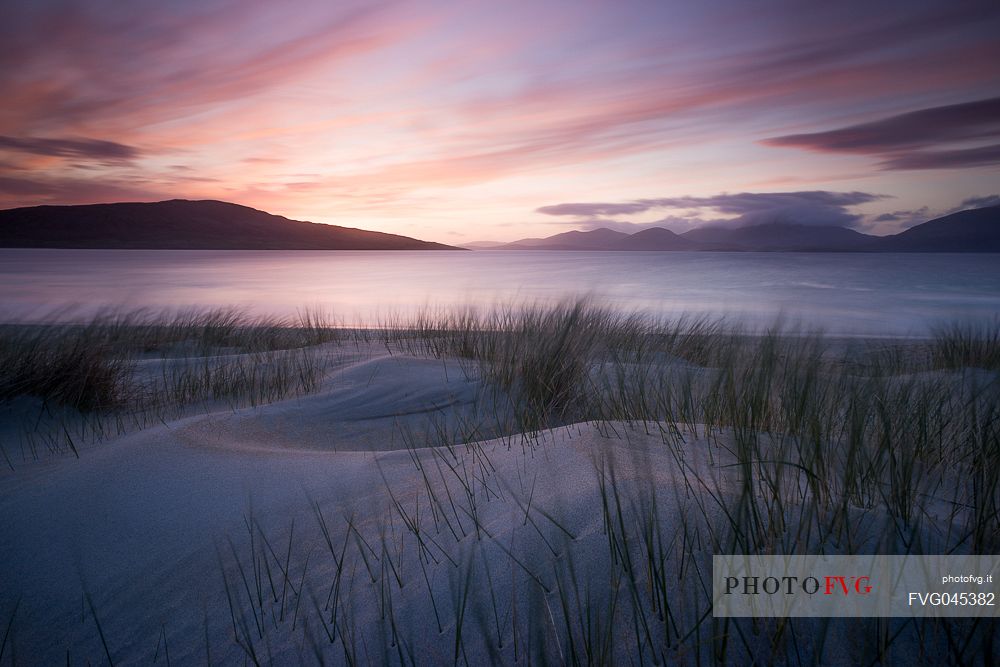 Twilight on Luskentyre beach in the Outer Hebrides on the Isle of Harris, Scotland.