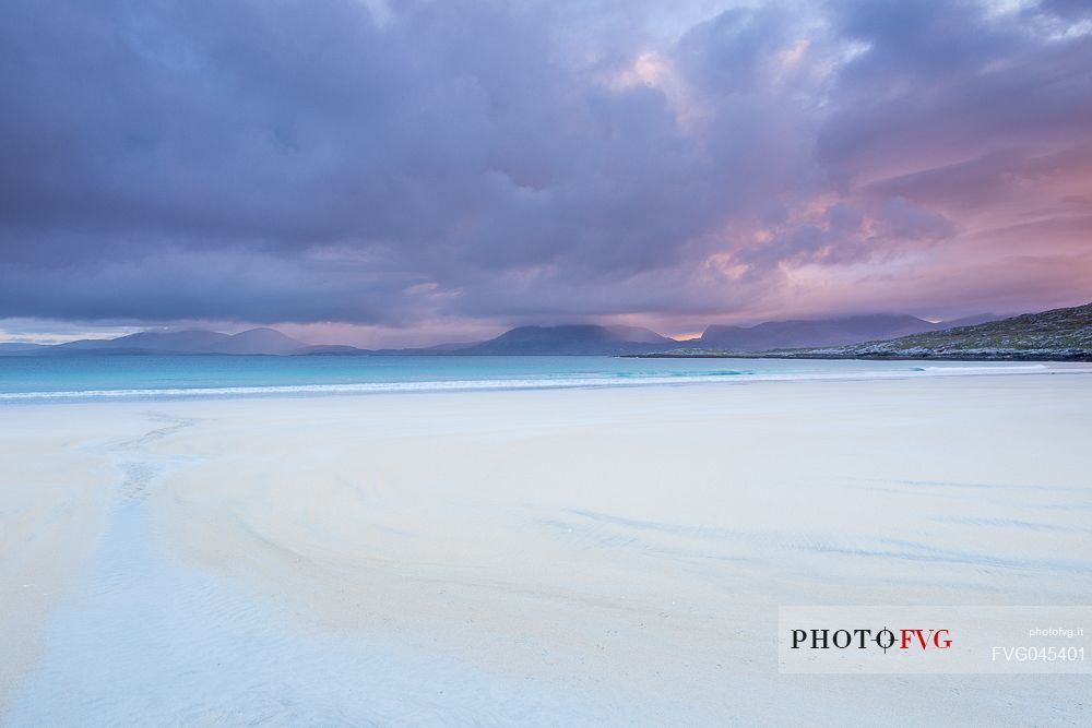 Sunset on Luskentyre beach in the Outer Hebrides on the Isle of Harris, Scotland.