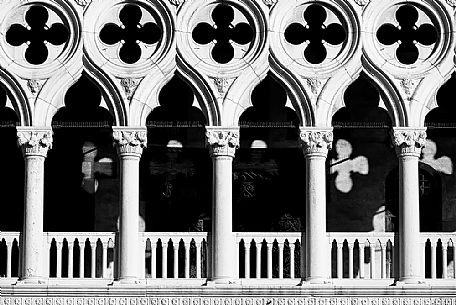 Detail of Doge's Palace or Palazzo Ducale facade close-up. Renaissance architecture of Venice landmark, one of the main tourist attractions in Venice, Italy, Europe