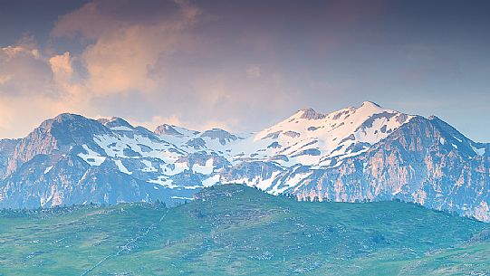 Carega mountain group and the edges at north of Castel Gaibana from Passo Branchetto, Lessinia Natural Park, Veneto, Italy, Europe