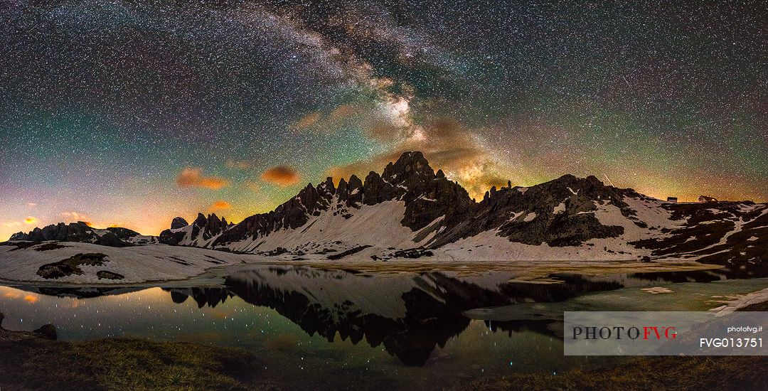 Milky way reflects on the lake under Mt. Paterno.