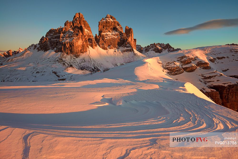 Tre Cime di Lavaredo on the southern side at sunrise 