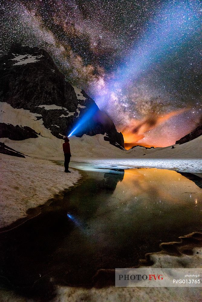 Adventure in the mountain at night, with visible Milky Way in the background