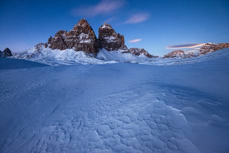 Tre Cime di Lavaredo on the southern side at blue hour
