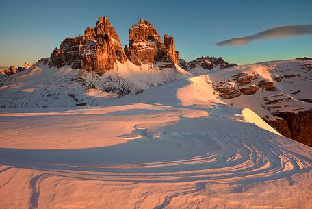 Tre Cime di Lavaredo on the southern side at sunrise 