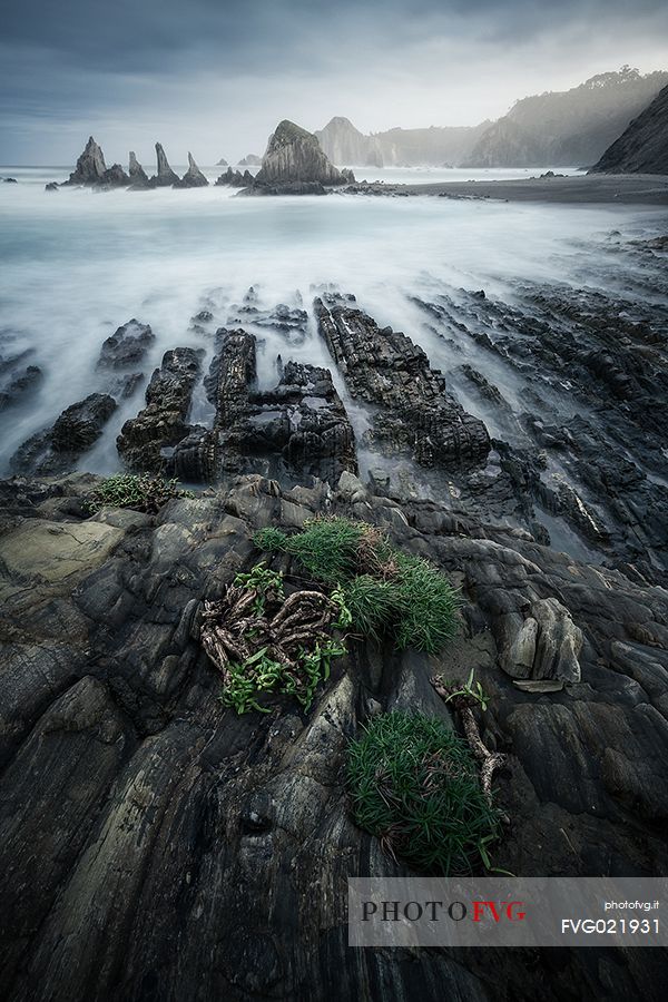 Sharp islets near Gueirua beach, Asturias coast, Spain