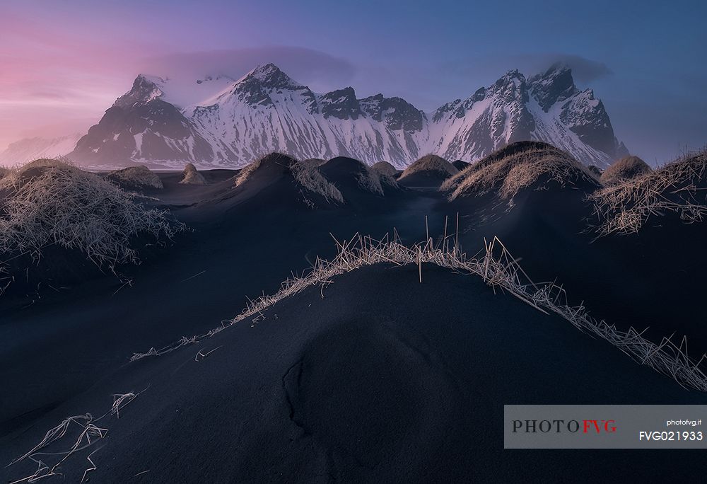 Sunset at Vestragorn mountain from volcanic coast, Stokksnes, Iceland