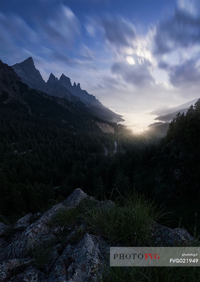 Nightscape in Paneveggio and Pale di San Martino natural park, Dolomites, Italy