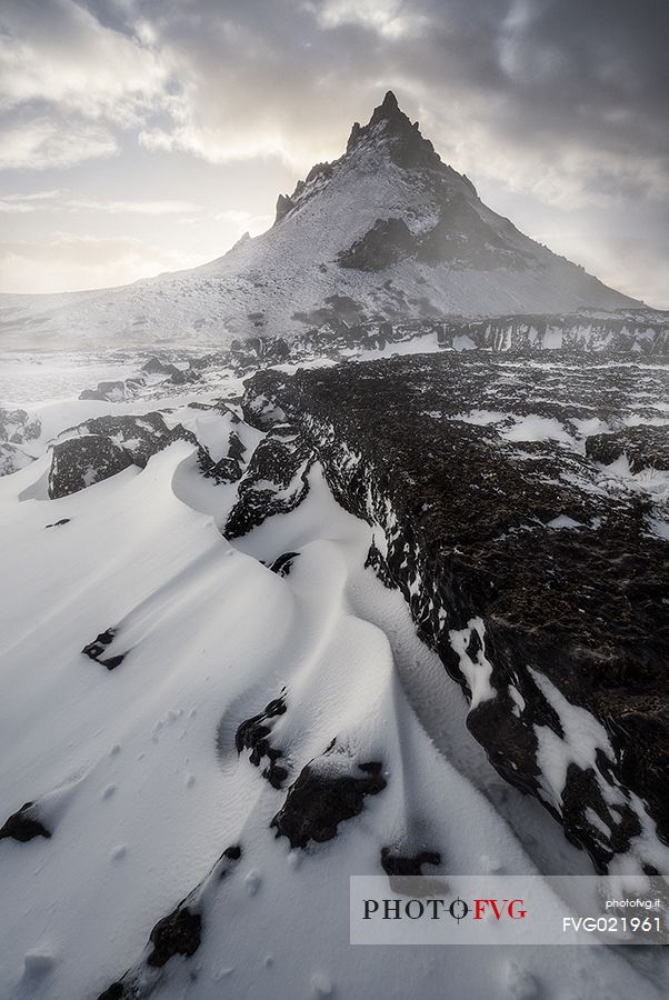 Sunset at snowy Vestragorn, Stokksnes, Hofn, Iceland