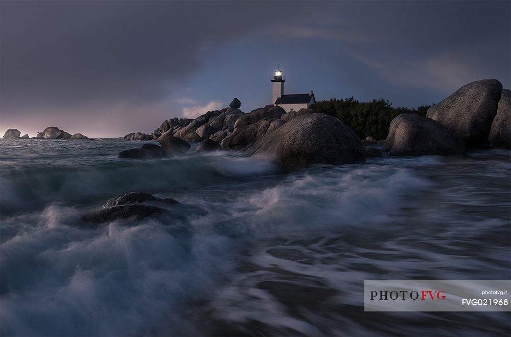 Twilight at Pontusval lighthouse, brittany landscape and seascape, France