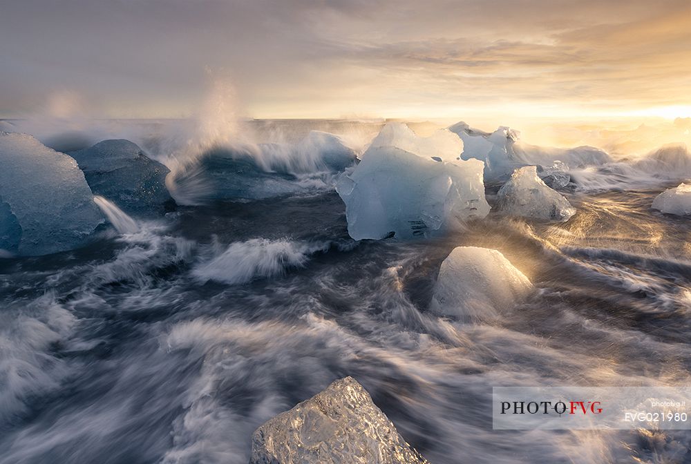 Iceberg on the lava beach of Jokulsarlon at Vatnajkull Glacier, Iceland